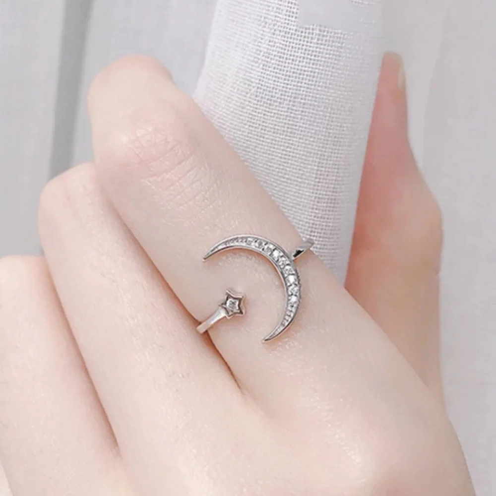 NEW MOON STAR 925 STERLING SILVER ADJUSTABLE RING, CUTE RING, SHINY RING. - Picture 1 of 5